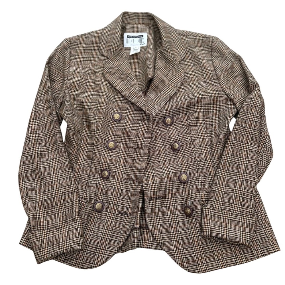 Lois Snyder Dani Max Petite Plaid Double Breasted Blazer Brown Vintage Size 4P